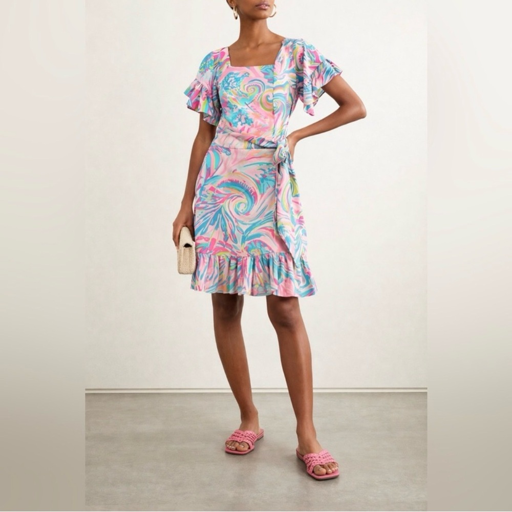 Lilly Pulitzer Pink Blue Swirl Wrap Ruffle Dress | Size 6